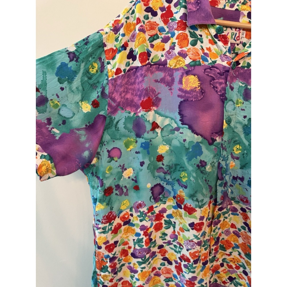 Vintage 80s Jams World Abstract Floral Shirt Mens XL Watercolor Hawaiian Rayon - Picture 5 of 11